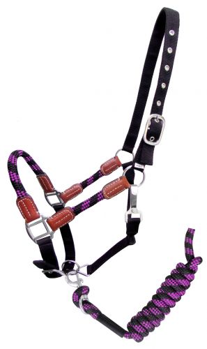 Showman Nylon halter and matching lead rope with leather accents #7